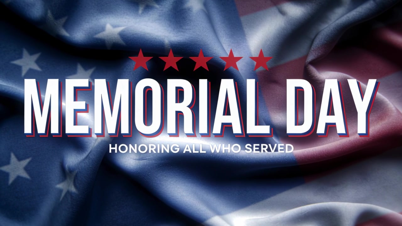 Animazione che inizia con il titolo MEMORIAL DAY in studio, sottotitolo in onore del servizio, stelle e bandiera che si muovono.