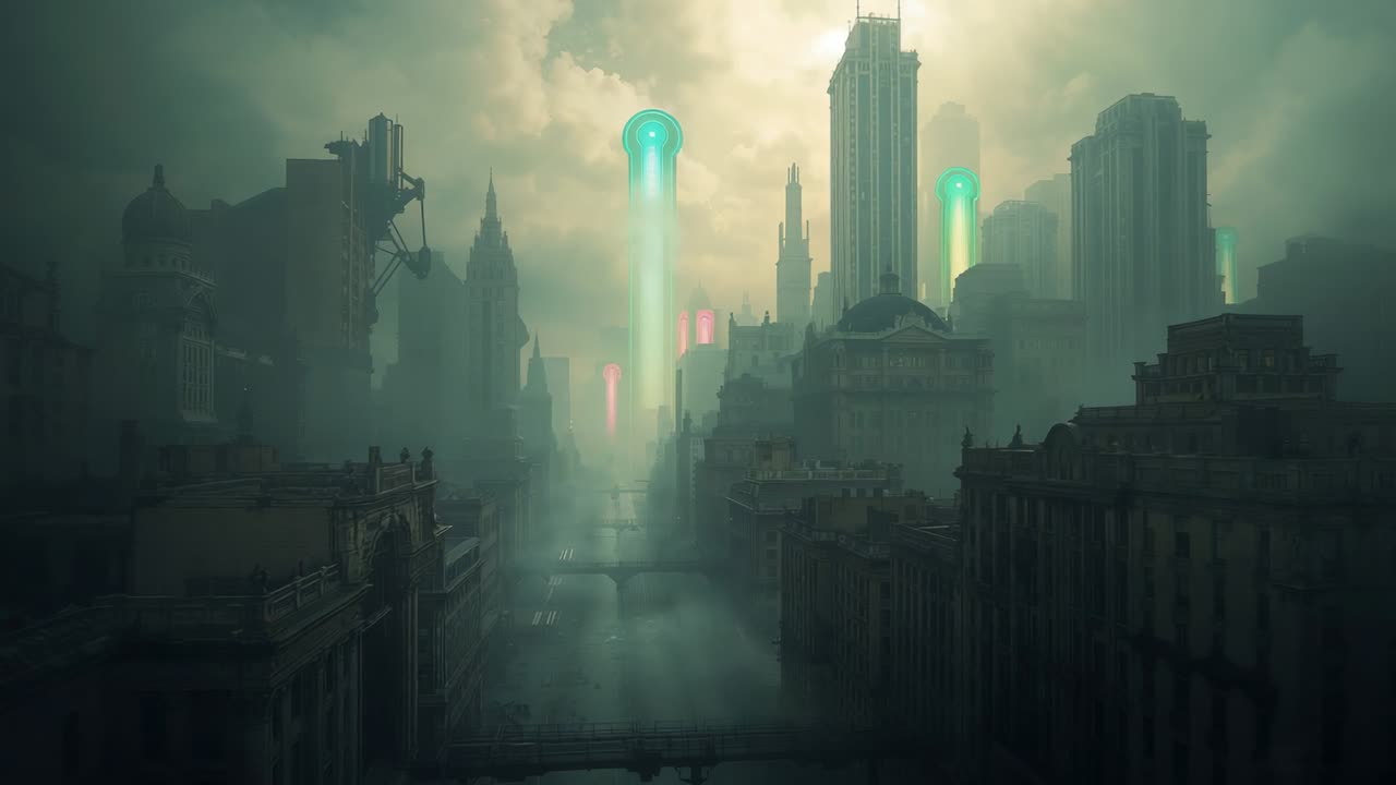 Emerging under fog, city skyline displaying ascending red, green and teal beams above arched bridge