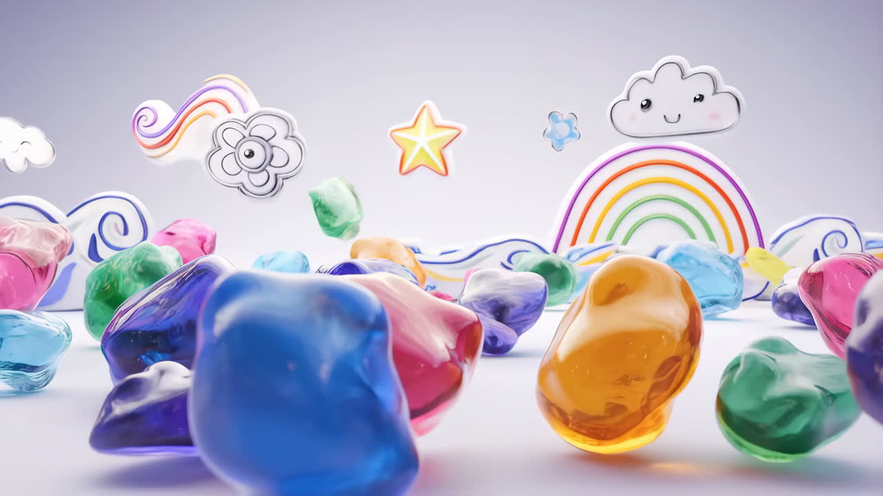 Whimsical Dreamscape with Colorful Glass Shapes and Rainbow Elements