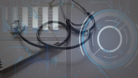 animation of data processing with scope scanning over stethoscope on grey background