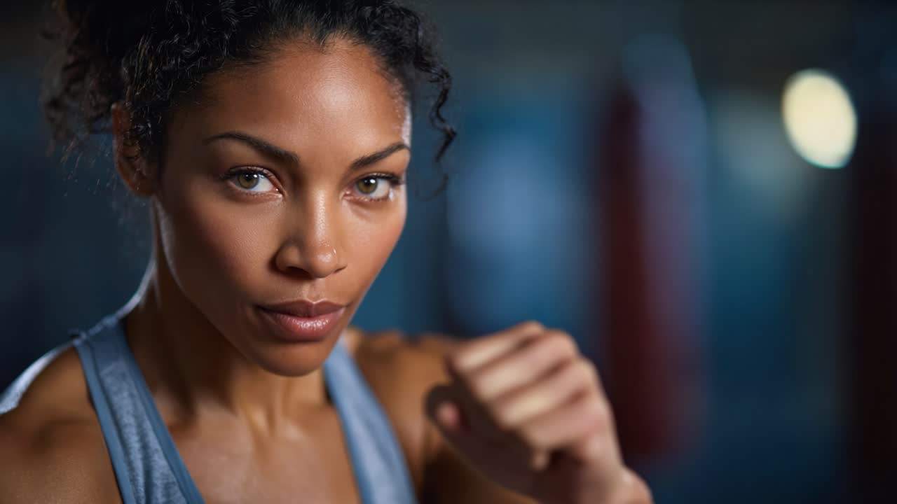 A determined female fighter showcases her strength and focus in a powerful stance, preparing for an intense training session in a dynamic gym environment