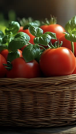 freshly harvested tomatoes in a basket. a wicker basket brimming with vibrant red tomatoes rests in a sunlit kitchen near green basil plants.