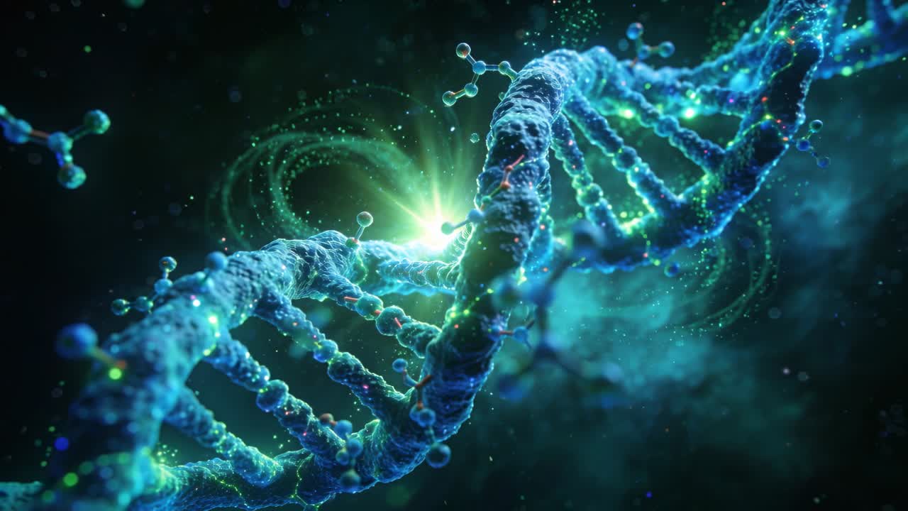 Elica di DNA rotante che reagisce a un nucleo verde pulsante nello spazio molecolare, emettendo particelle luminescenti.