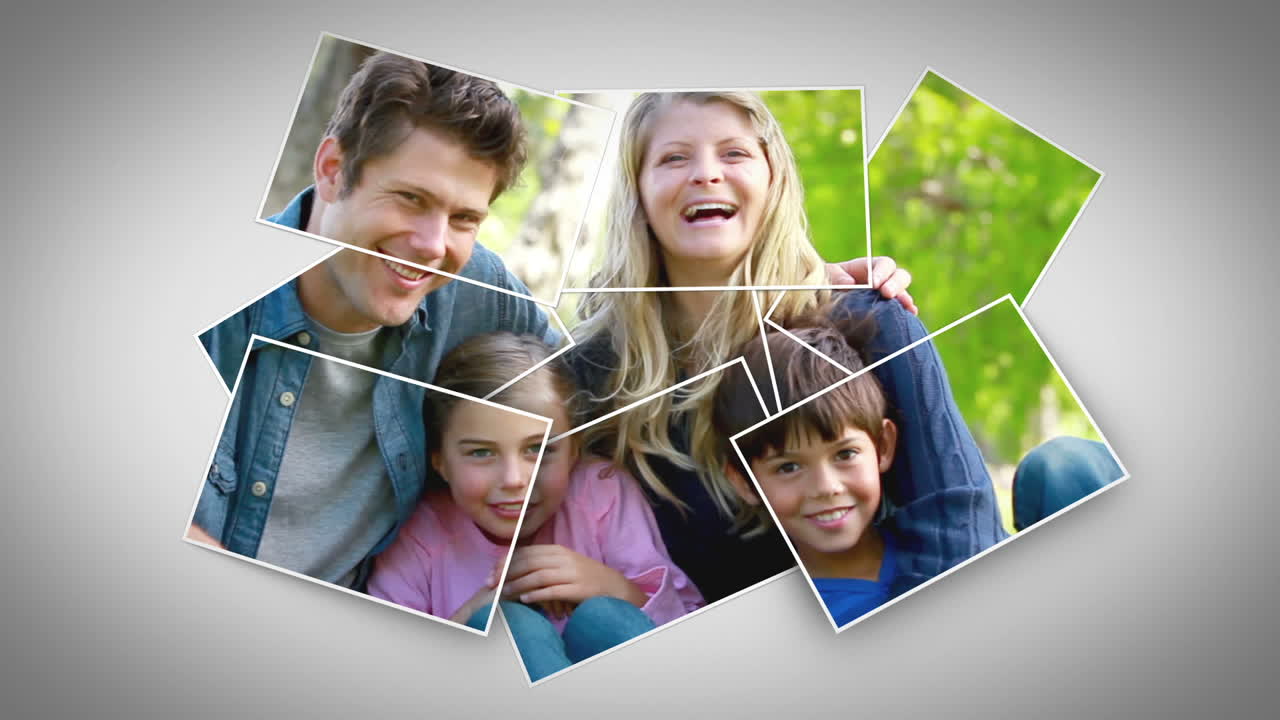 Instant photos falling and showing a family in a park