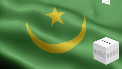 ballots fly to box for mauritania selection - ballot box in front of flag - election - vote - flag of mauritania - mauritania flag high detail - national flag mauritania wave pattern loopable elements - fabric texture and endless loop