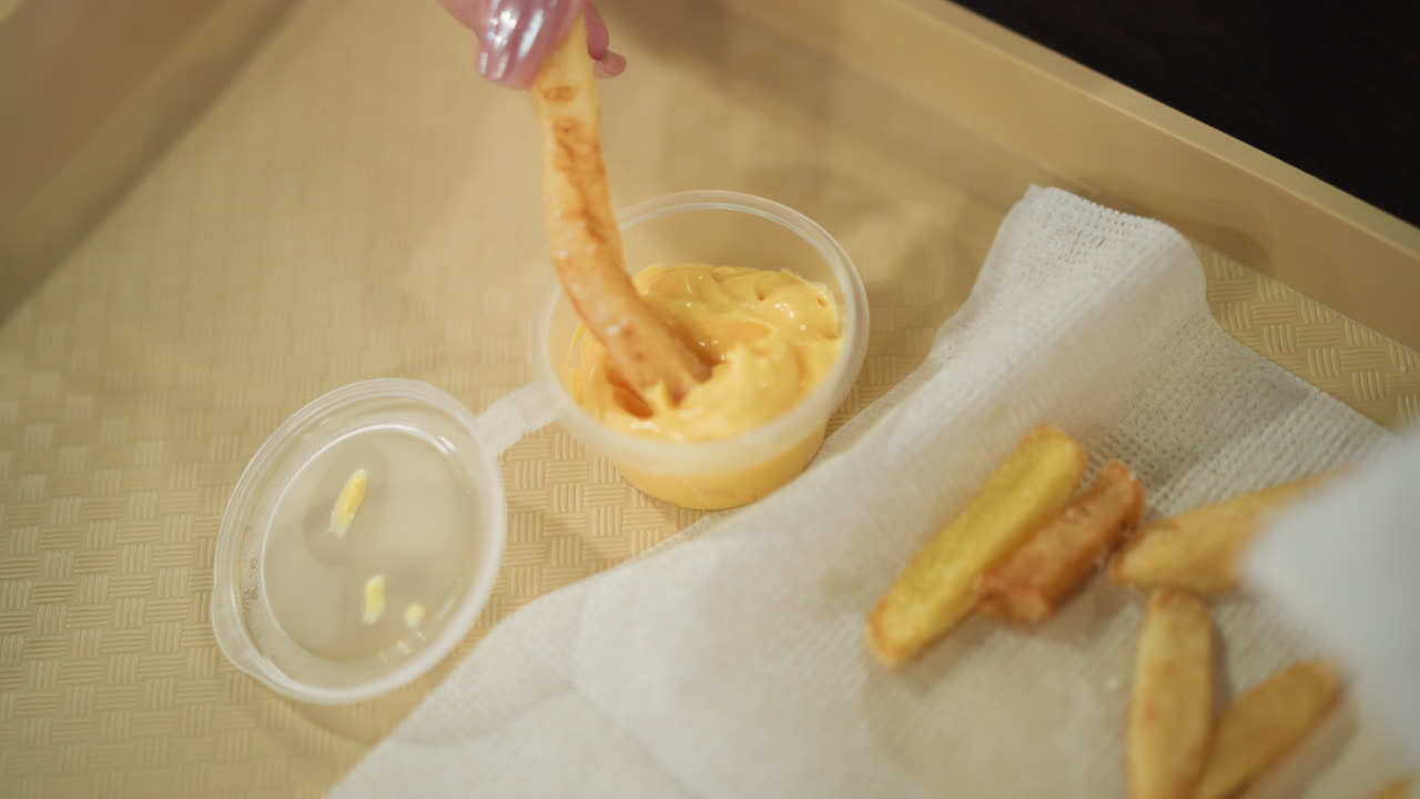 Close-up of hand dipping crispy French fry into creamy cheese sauce on beige tray with blurred background and soft lighting, vibrant, mouth-watering snack served with fast food in casual setting