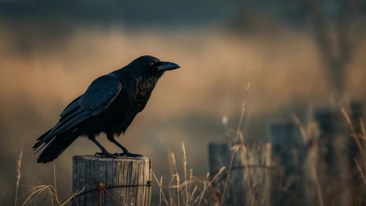 Flying in off-frame, solitary crow perching on wooden fence post scanning tall dry grasses