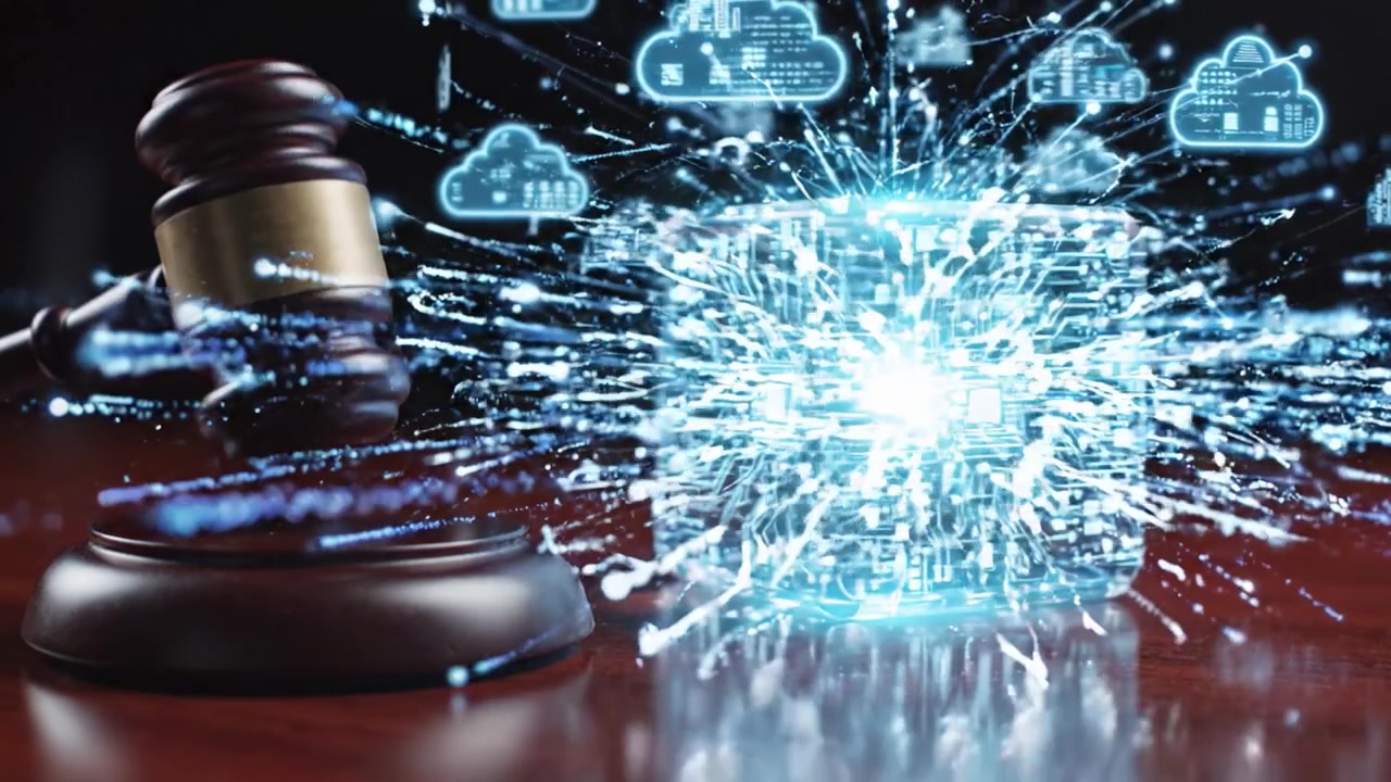 The Intersection of Law and Technology: A Gavel Symbolizing Justice Alongside a Transparent Cube Embedded with Circuitry, Representing the Future of Digital Law