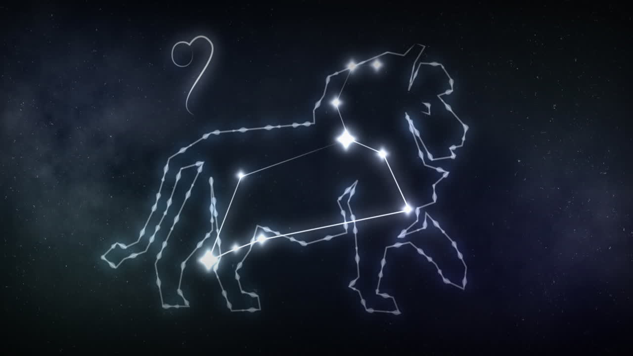 Animation des Sternzeichens Löwe mit Sternen auf schwarzem Hintergrund.