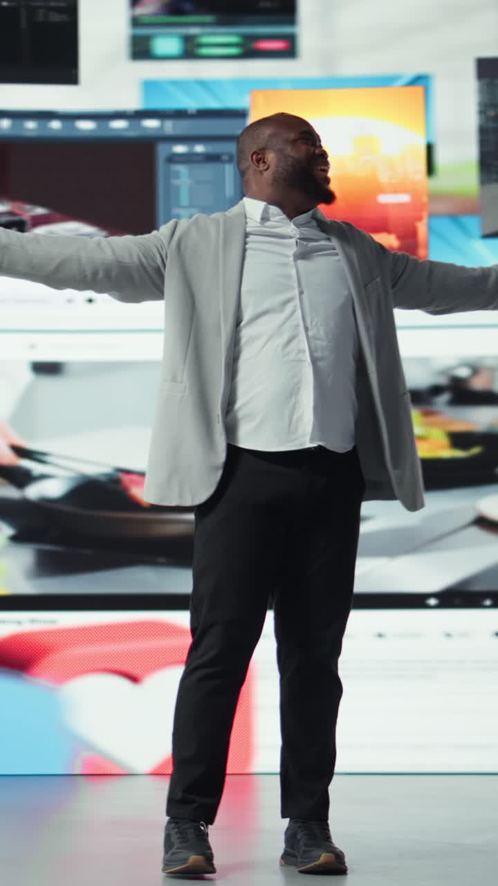 Vertical video Ecstatic viewer celebrating freedom of unlimited video content in virtual space