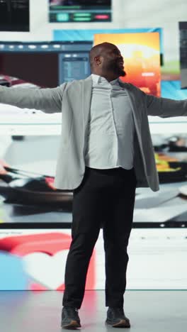 vertical video ecstatic viewer celebrating freedom of unlimited video content in virtual space