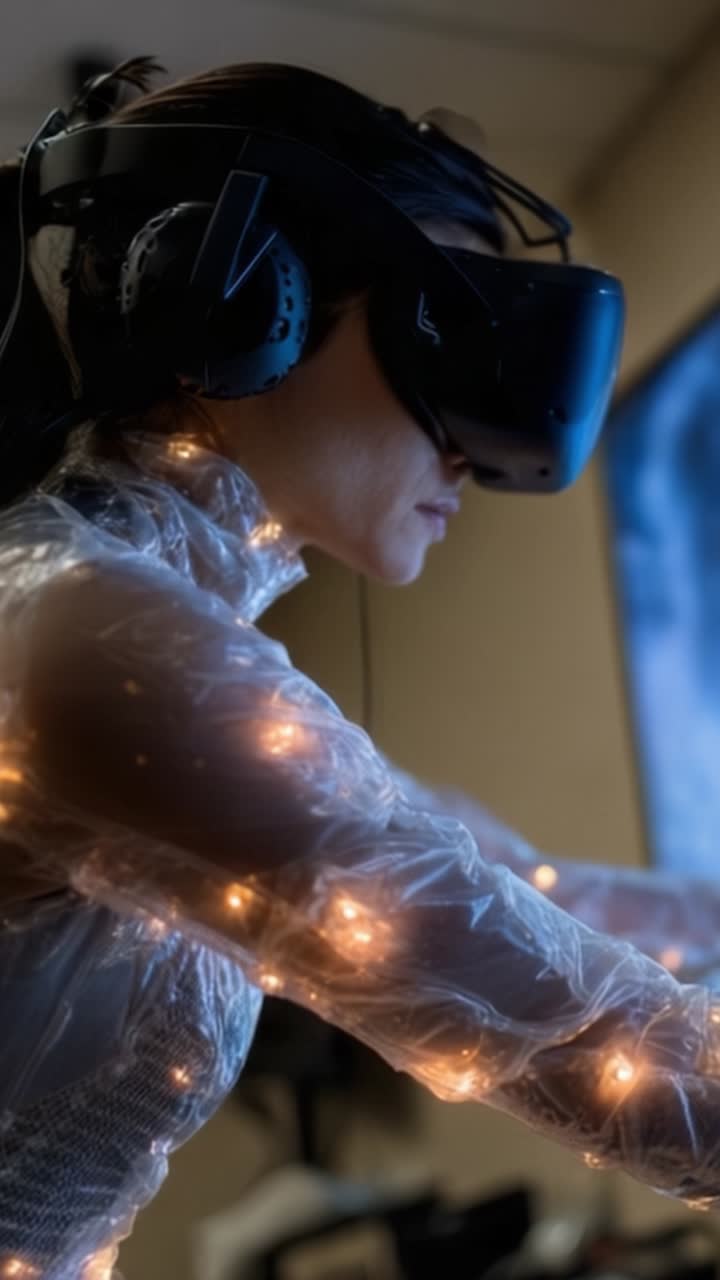 A Woman Engaged in Virtual Reality Experience Wearing a VR Headset and Illuminated with LED Lights, Focusing on Digital Interaction and Immersion with Technology