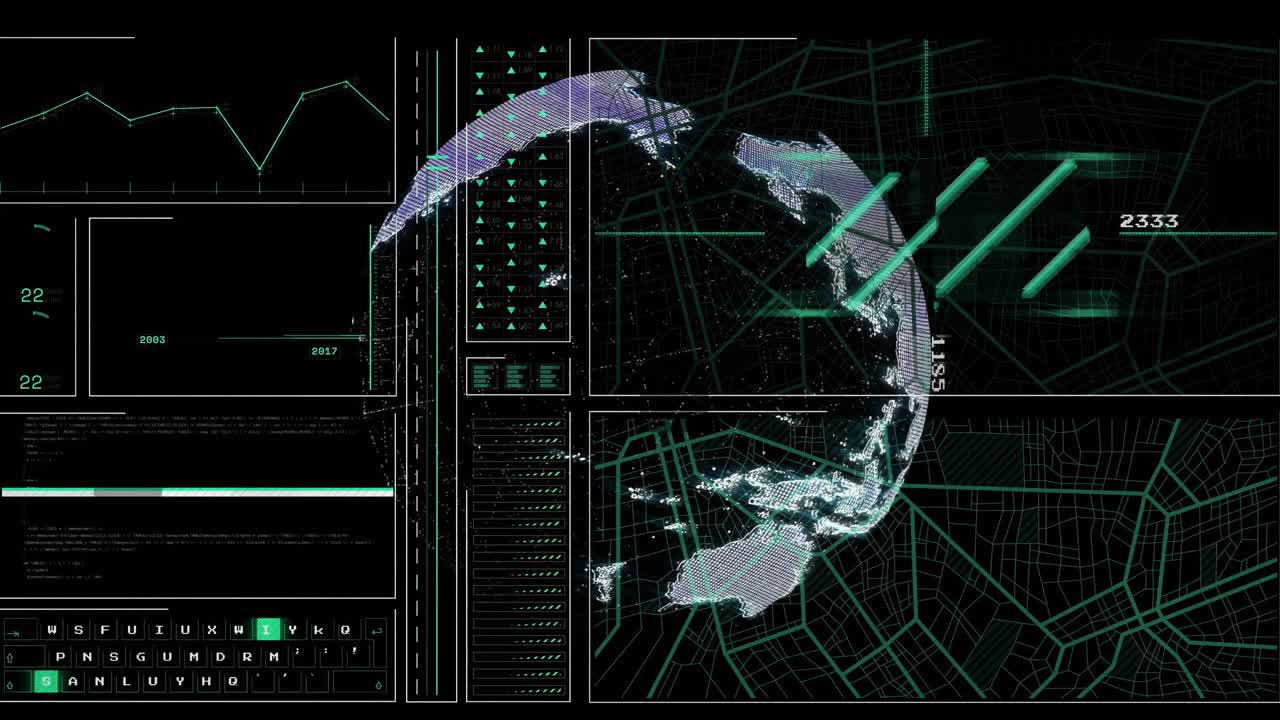 HUD sliding in starting hologram globe rotating, map grid updating, scan beams sweeping for mapping