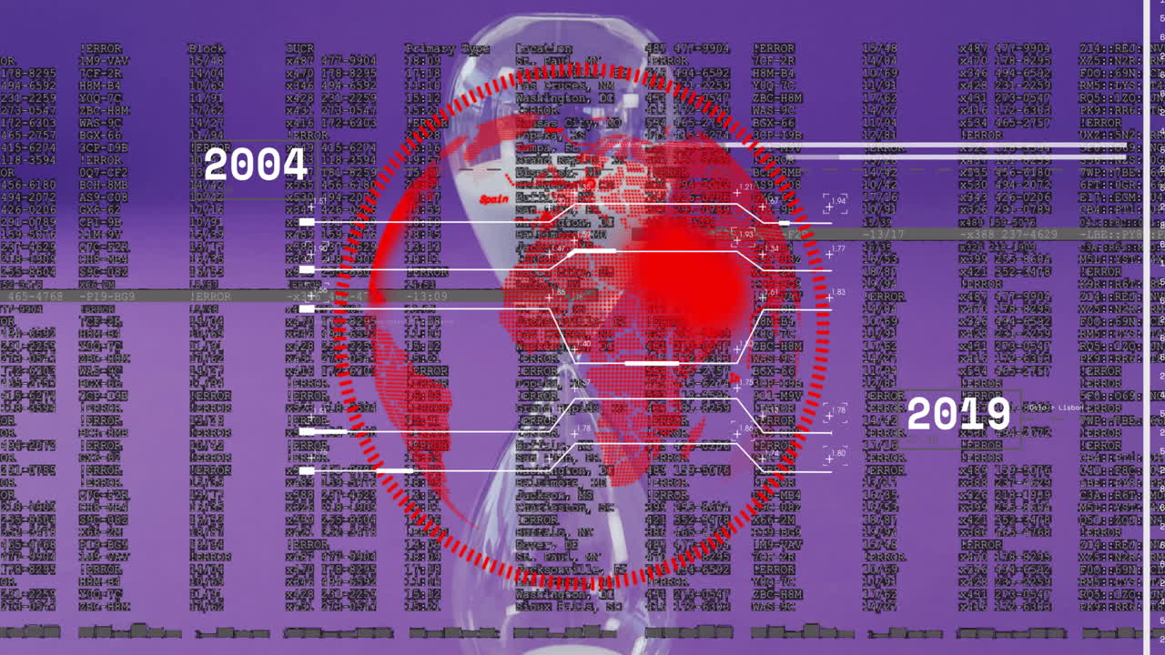 보라색 바탕에 모래시계를 통해 데이터 처리를 하는 지구상의 애니메이션
