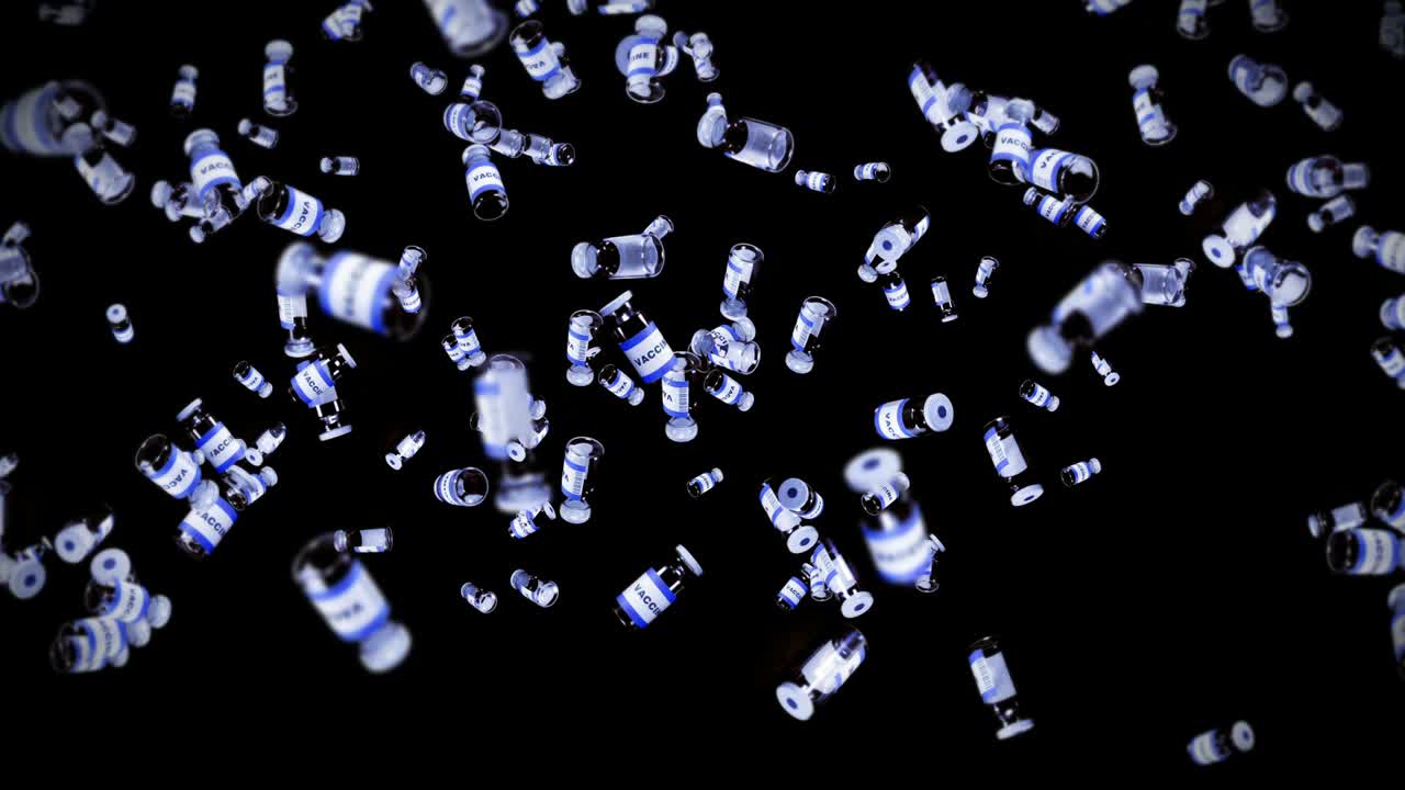 검은색 배경에 많은 백신 병을 날리는 의료 개념 바이러스 치료 투명 액체 백신의 3d 루프 애니메이션