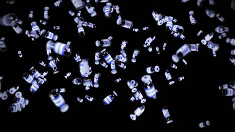 volando muchas botellas de vacunas en fondo negro. concepto médico. cura de virus. líquido transparente. animación de bucle 3d de vacunas.