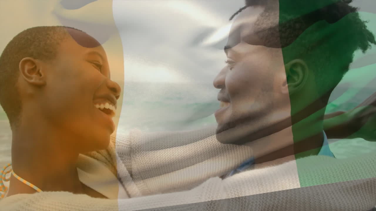 Couple embracing with Irish flag animation overlay in background, smiling together