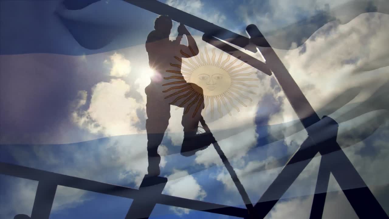 animación de la bandera de argentina ondeando sobre el soldado haciendo ejercicio en la cuerda