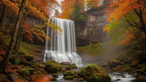 a serene autumn scene featuring a majestic waterfall cascading surrounded by vibrant fall foliage and tranquil waters in a picturesque natural landscape
