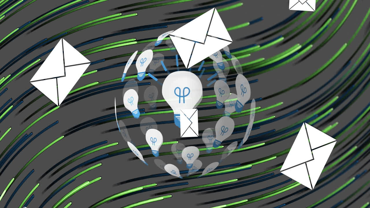 메시지 아이콘이 빛의 흔적에 맞서 전구의 지구상에 떨어집니다.