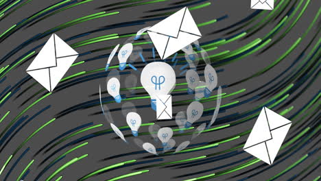Message icons falling over globe of bulbs against light trails