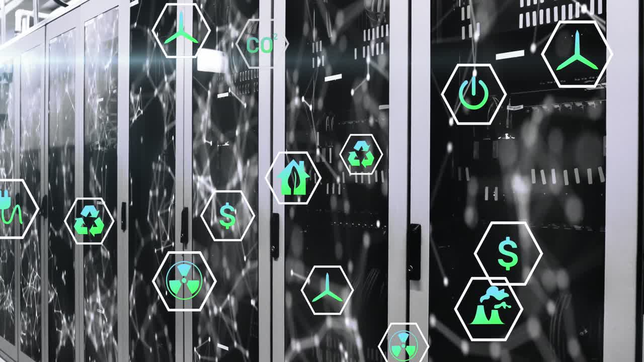 서버 객실의 데이터 서버 시스템에서 연결된 점 위에 여러 아이콘의 애니메이션