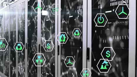 animación de múltiples iconos sobre puntos conectados en los sistemas de servidores de datos en la sala de servidores