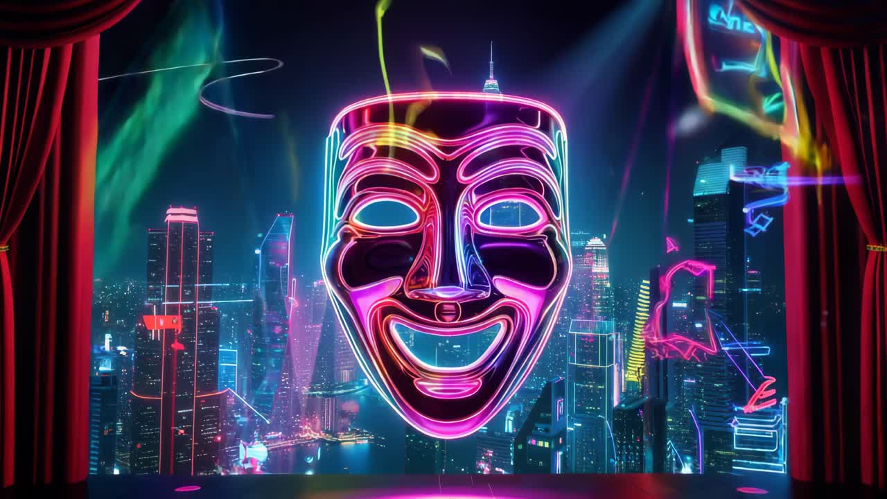 Neon komediemaske over et bybillede