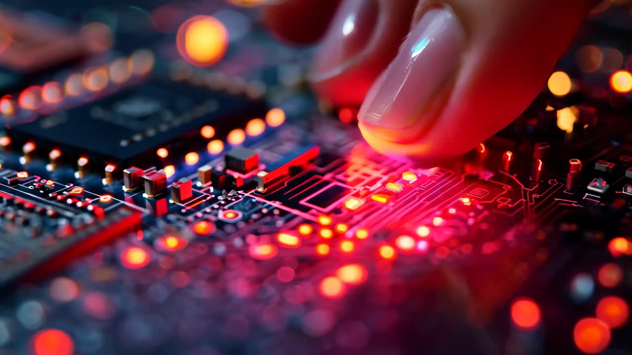 A hand is touching a computer chip. The image has a mood of curiosity and wonder. The hand is reaching out to explore the chip, and the bright red lights on the chip create a sense of excitement