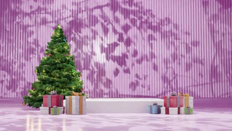 Christmas-tree-with-ornaments-and-wrapped-presents-on-a-red-floor-against-a-pink-background