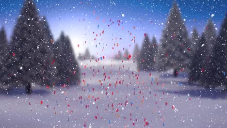 animation of confetti and snow falling over fir trees at christmas