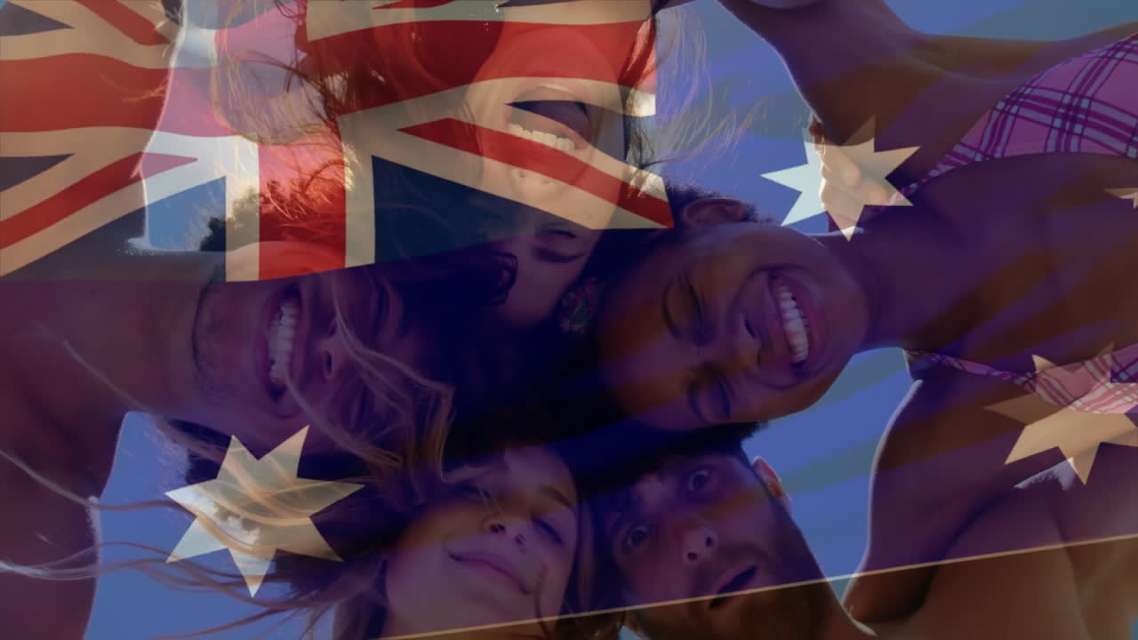 Smiling friends with Australian flag animation in sunny outdoor setting