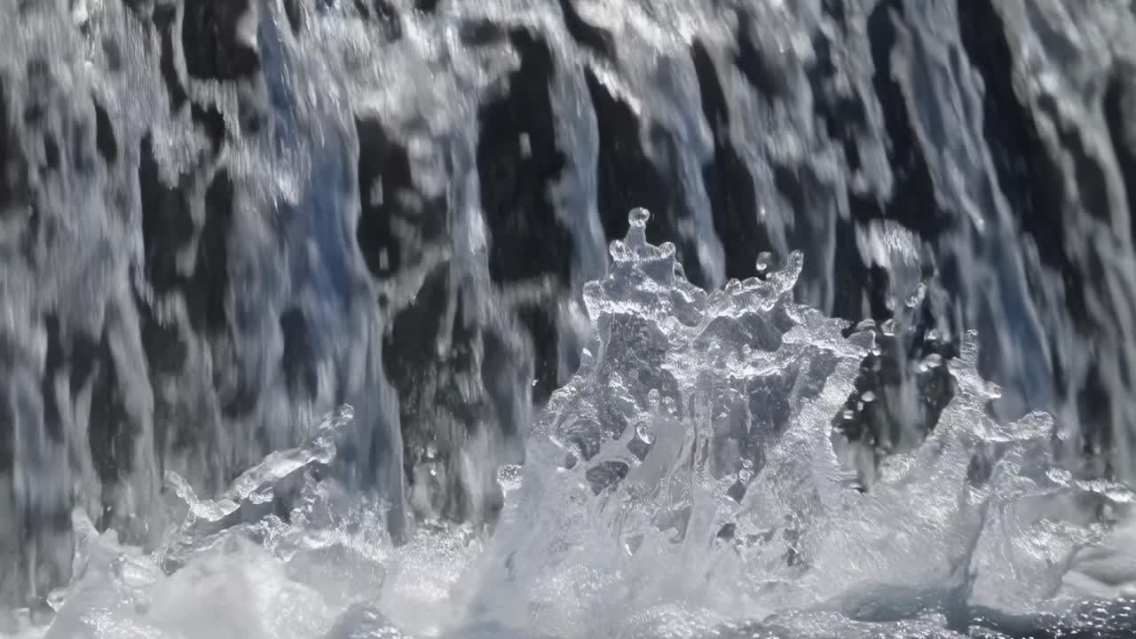 Close-up video of cascading water, capturing dynamic splashes and droplets in motion