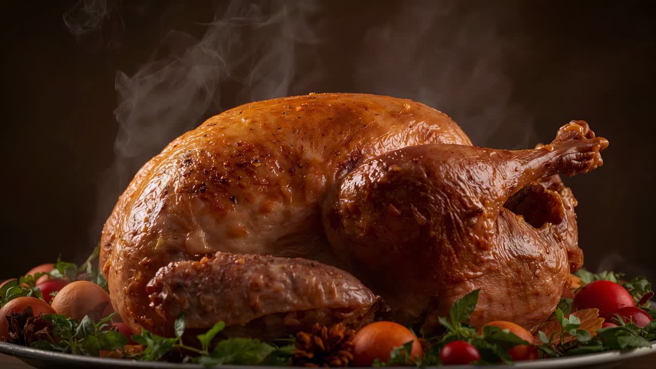Coming out of oven roasted turkey releasing steam on studio backdrop, with platter herbs and citrus