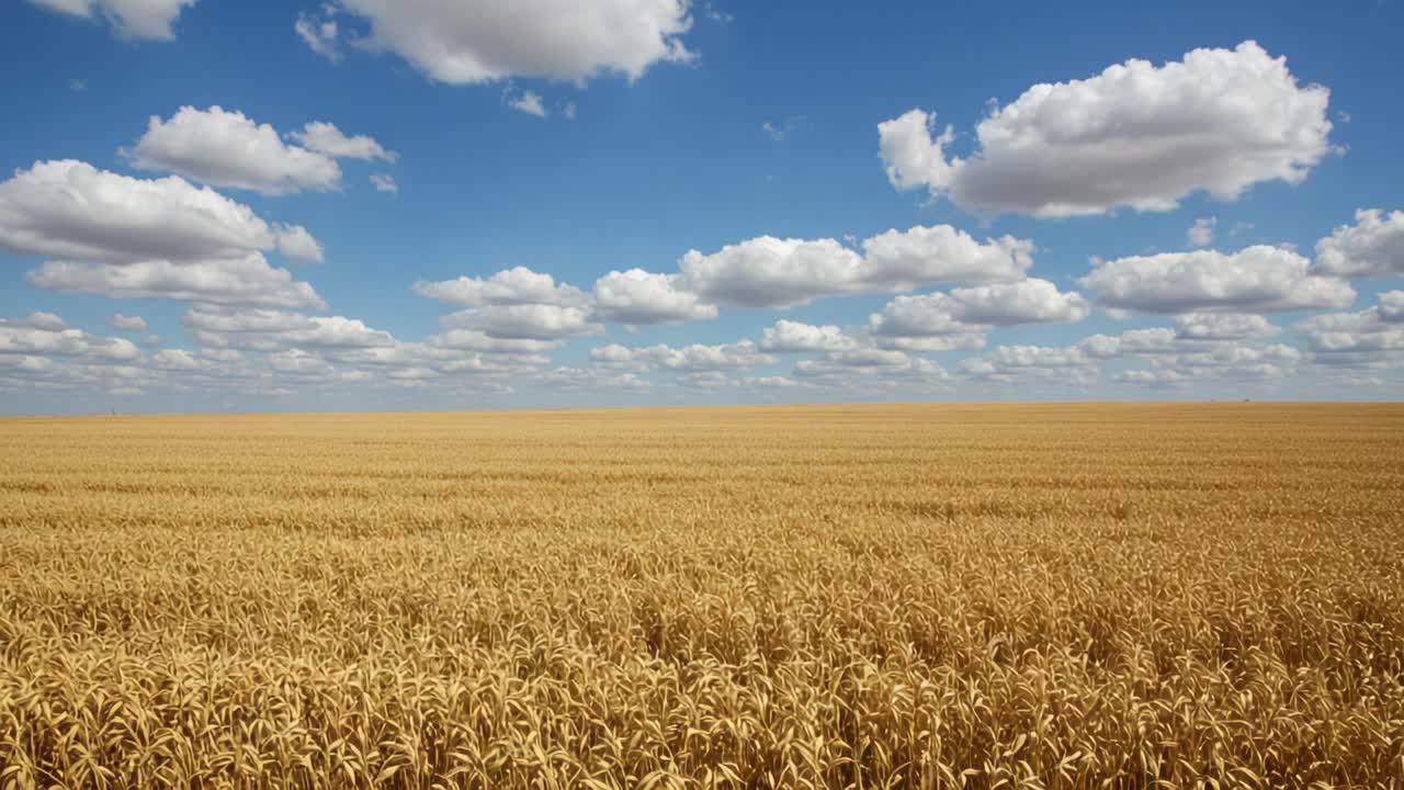 Golden Wheat Field Under a Bright Blue Sky with Fluffy White Clouds: A Scenic Landscape Representation of Agriculture and Nature's Bounty