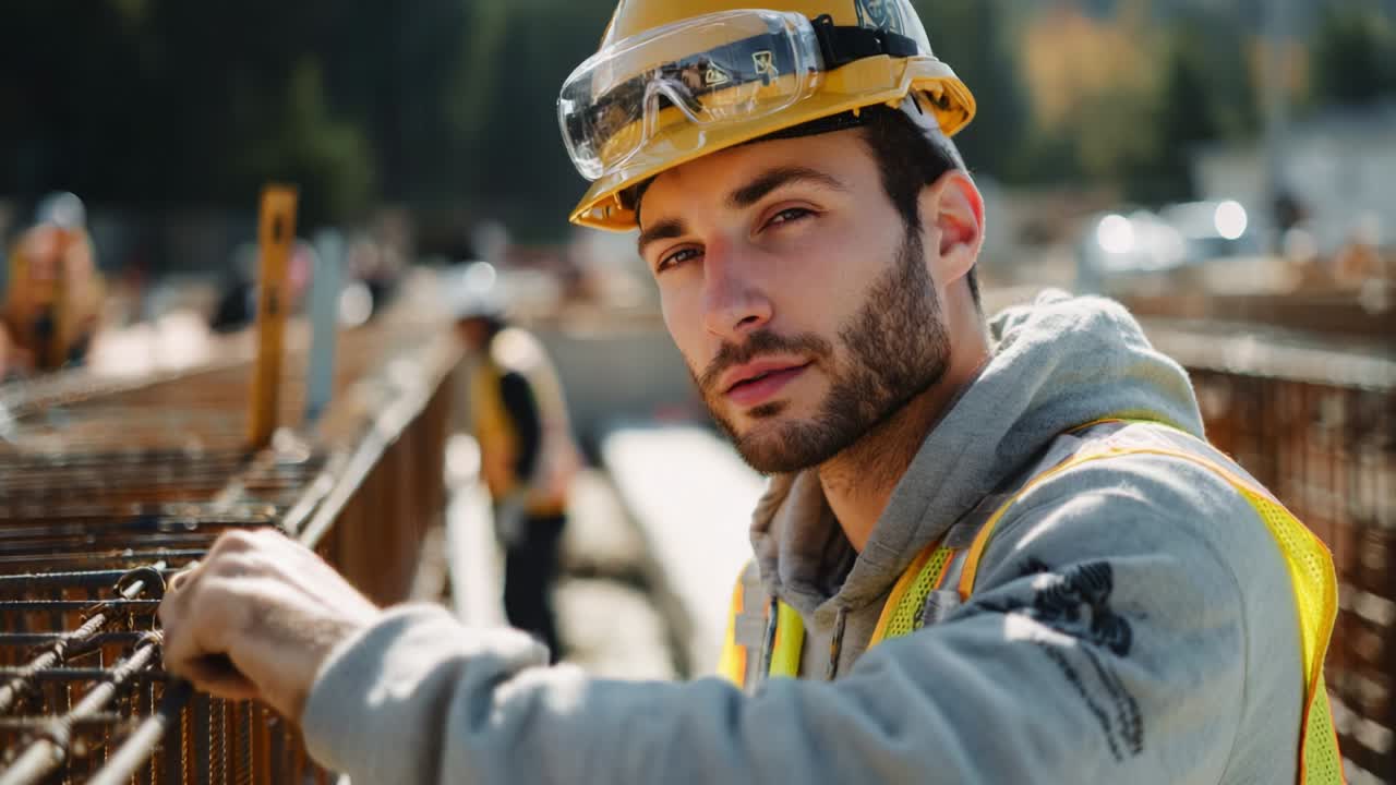 A construction worker wearing a hard hat and safety gear focuses on the task at hand as he stands next to rebar frames, showcasing dedication and the importance of safety in the construction industry