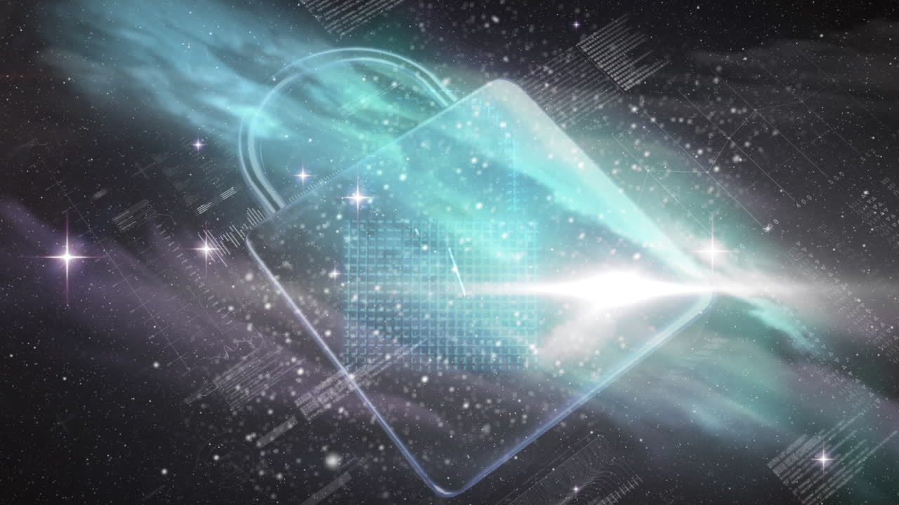 코스모스 배경에 빛으로 데이터를 처리하는  ⁇ 락의 애니메이션