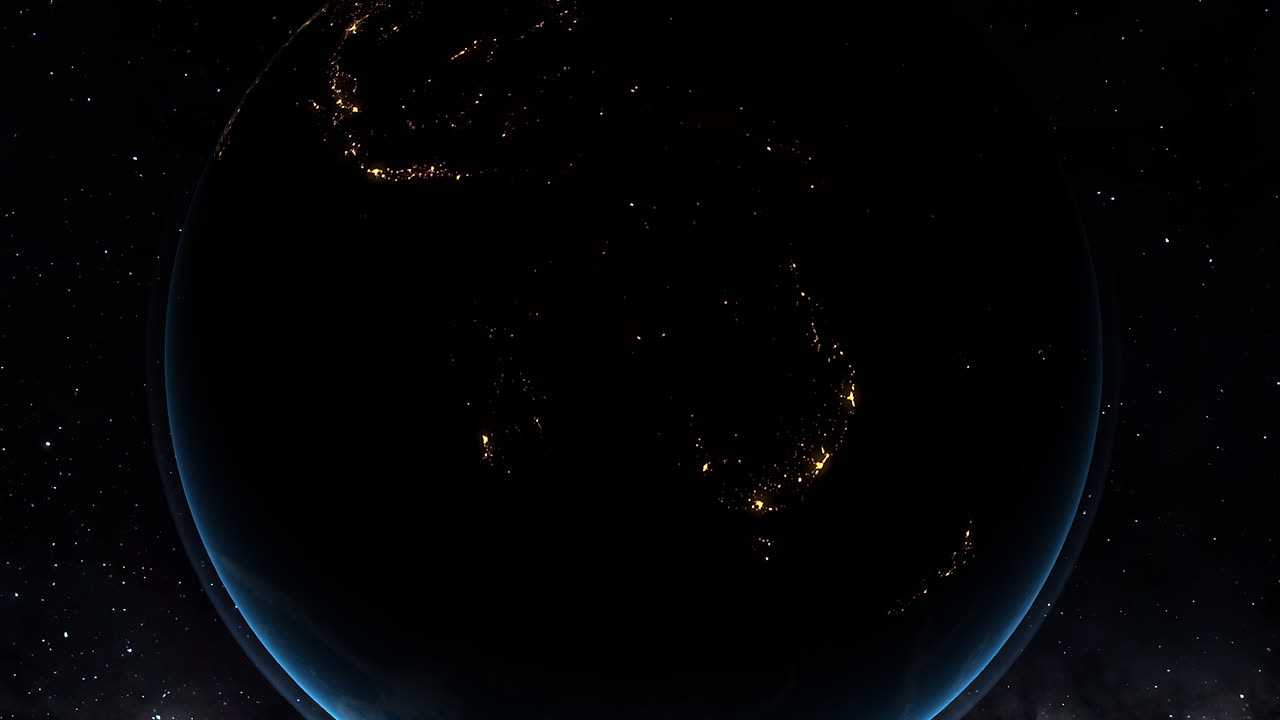 우주에서 오스트레일리아의 야간 풍경, 어두운 대륙에 반하여 빛나는 도시 불빛