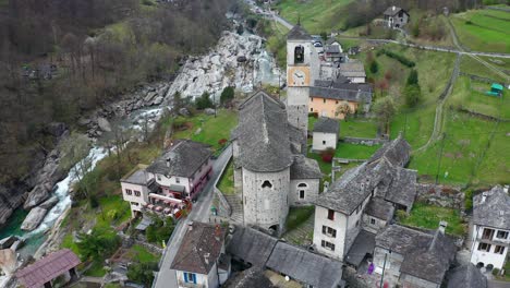 ancient stone bell tower in val verzasca, beautiful valley, switzerland, ticino