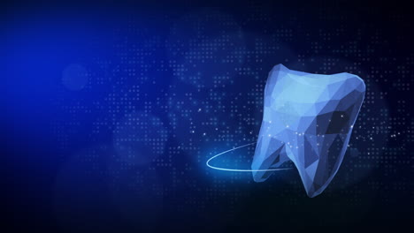 dental protection of teeth. 3d tooth in polygonal style with circular glowing lines. abstract medical looped blue background with dots.