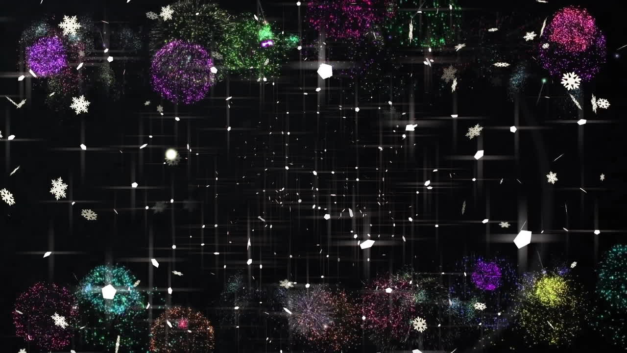 анимация снега, падающего на светящиеся огни на черном фоне