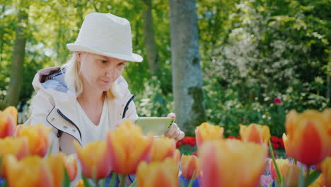 una chica con sombrero toma una foto de tulipanes