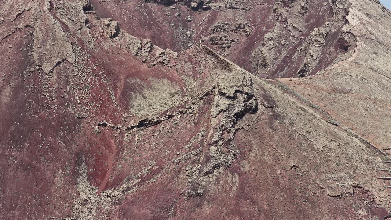 Rugged Volcanic Crater Of Monte Corona On Canary Island Of Lanzarote In Spain. closeup, drone shot