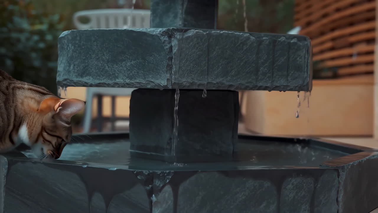 Gatto che beve da una fontana di pietra