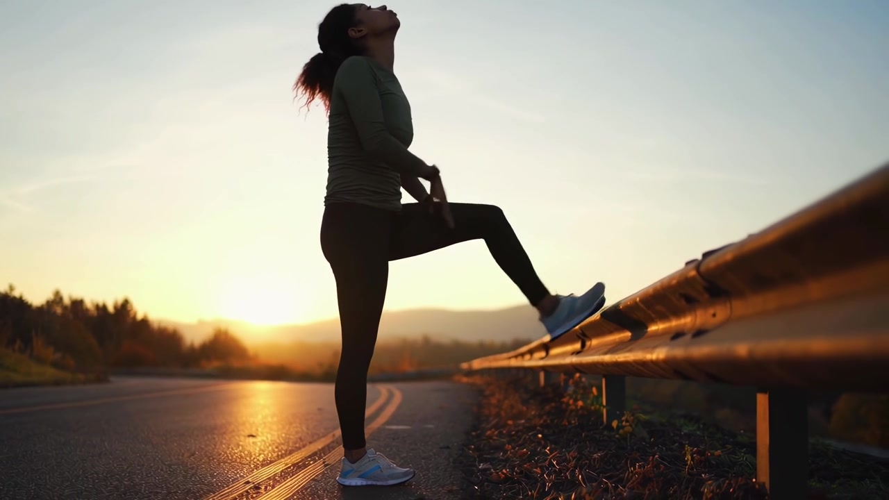 Silhouette of Woman Stretching on Roadside at Sunrise