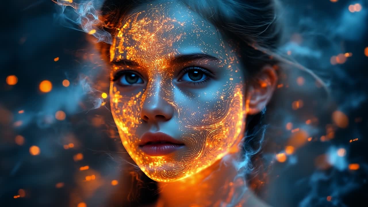 Glowing artistic portrait. A female figure with a luminous design on her face showcases vibrant colors against a dark backdrop.