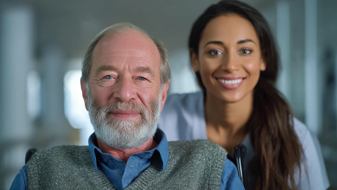 A Heartwarming Interaction Between a Senior Man in a Wheelchair and a Caring Female Healthcare Worker in a Bright, Modern Medical Setting
