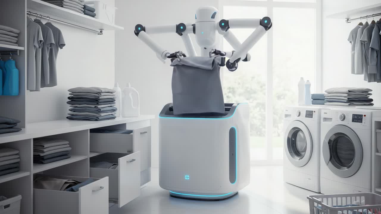 A futuristic laundry robot meticulously folding clothes in a modern laundry room, showcasing advanced technology and organization in everyday household chores