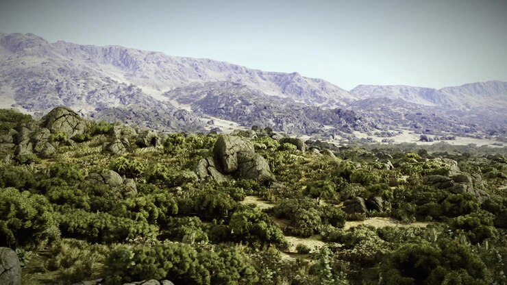 Paesaggio radioso con sezioni rocciose e cielo sereno.