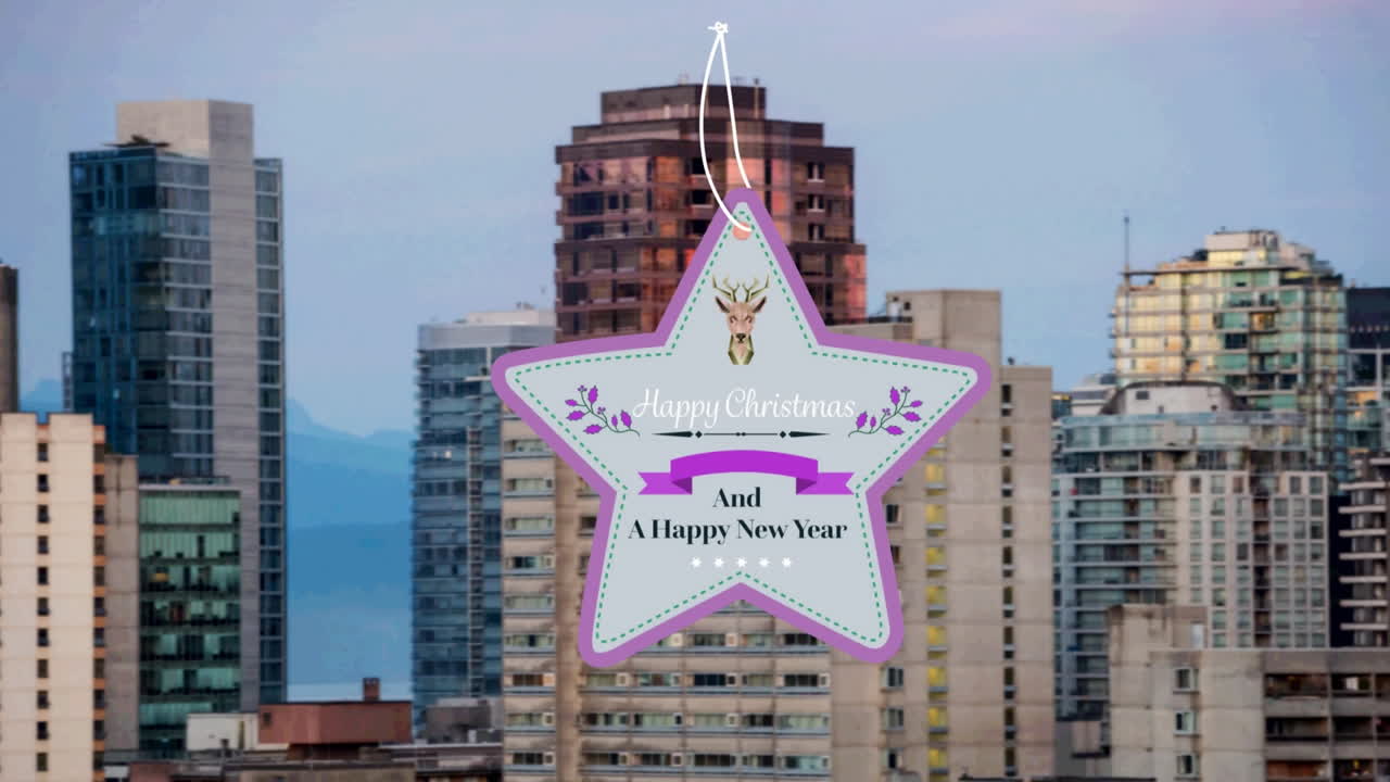 Star shaped happy christmas and new year text banner against tall buildings in background